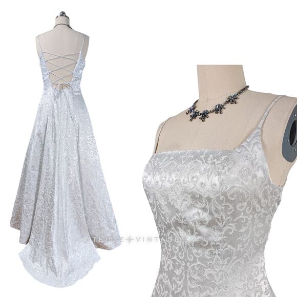 Vintage Prom Dress Maxi Gown 10 Silver White 90s Y2K Corset Fairy Princess Bride - Picture 1 of 11